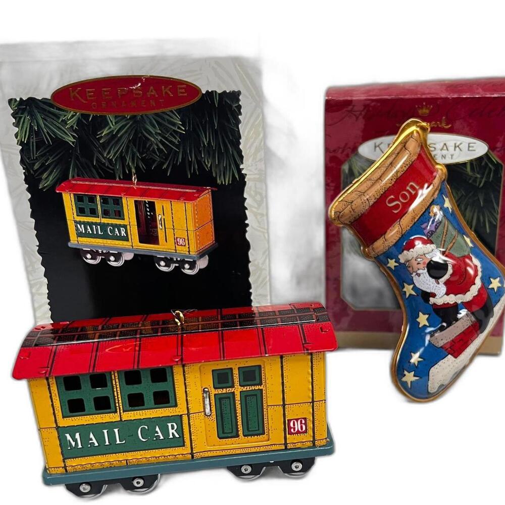 Halmark Keepsake Christmas Ornaments Set - Mail Car 1996 & Santa Stocking 1997